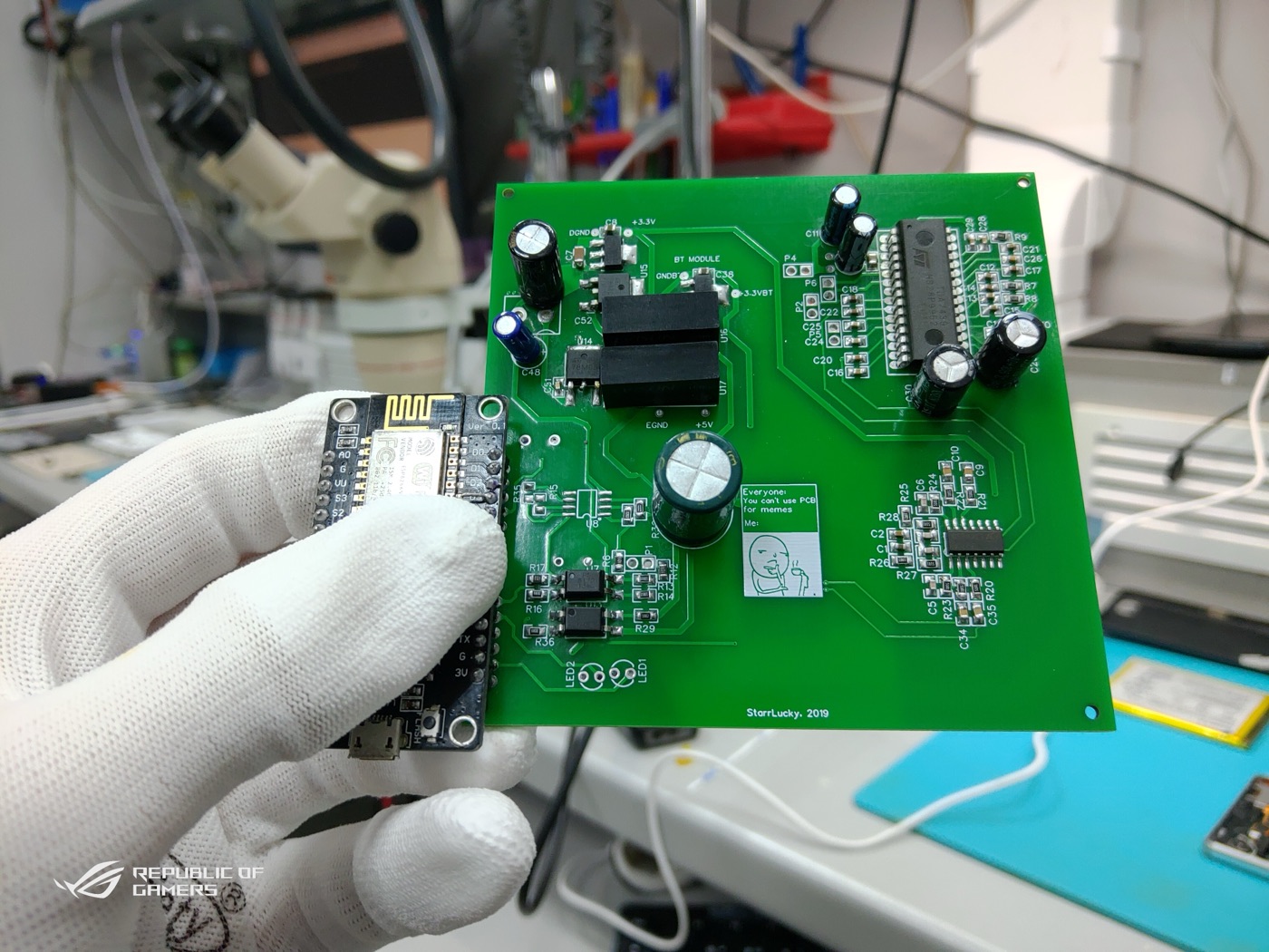 Preamplifier board next to the NodeMCU module that controls it